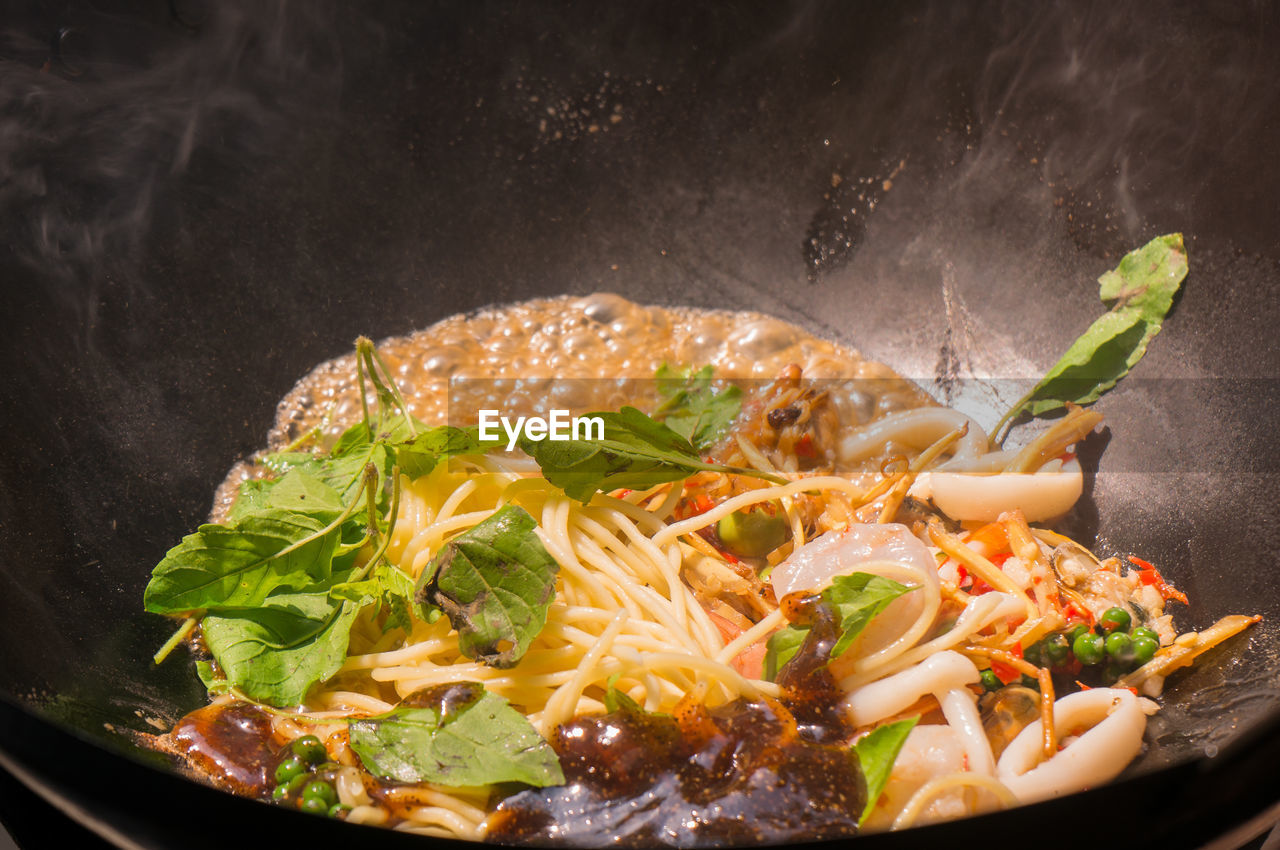 close-up of food in cooking pan