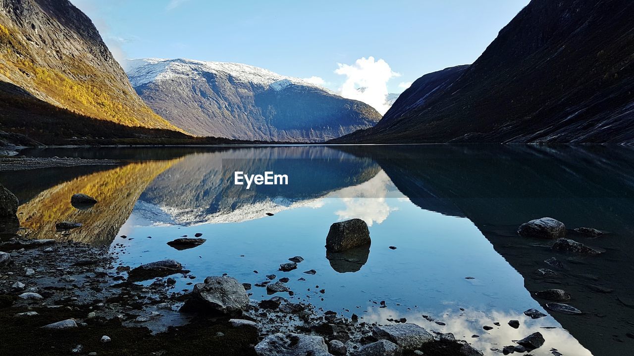 Reflection of mountains on lake against sky