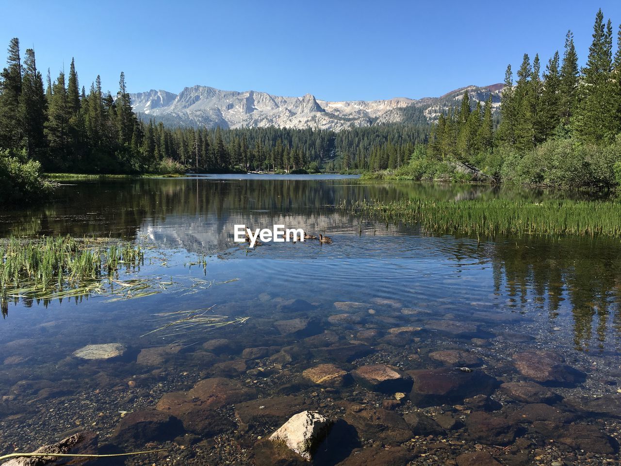 Scenic view of lake by mountain against sky