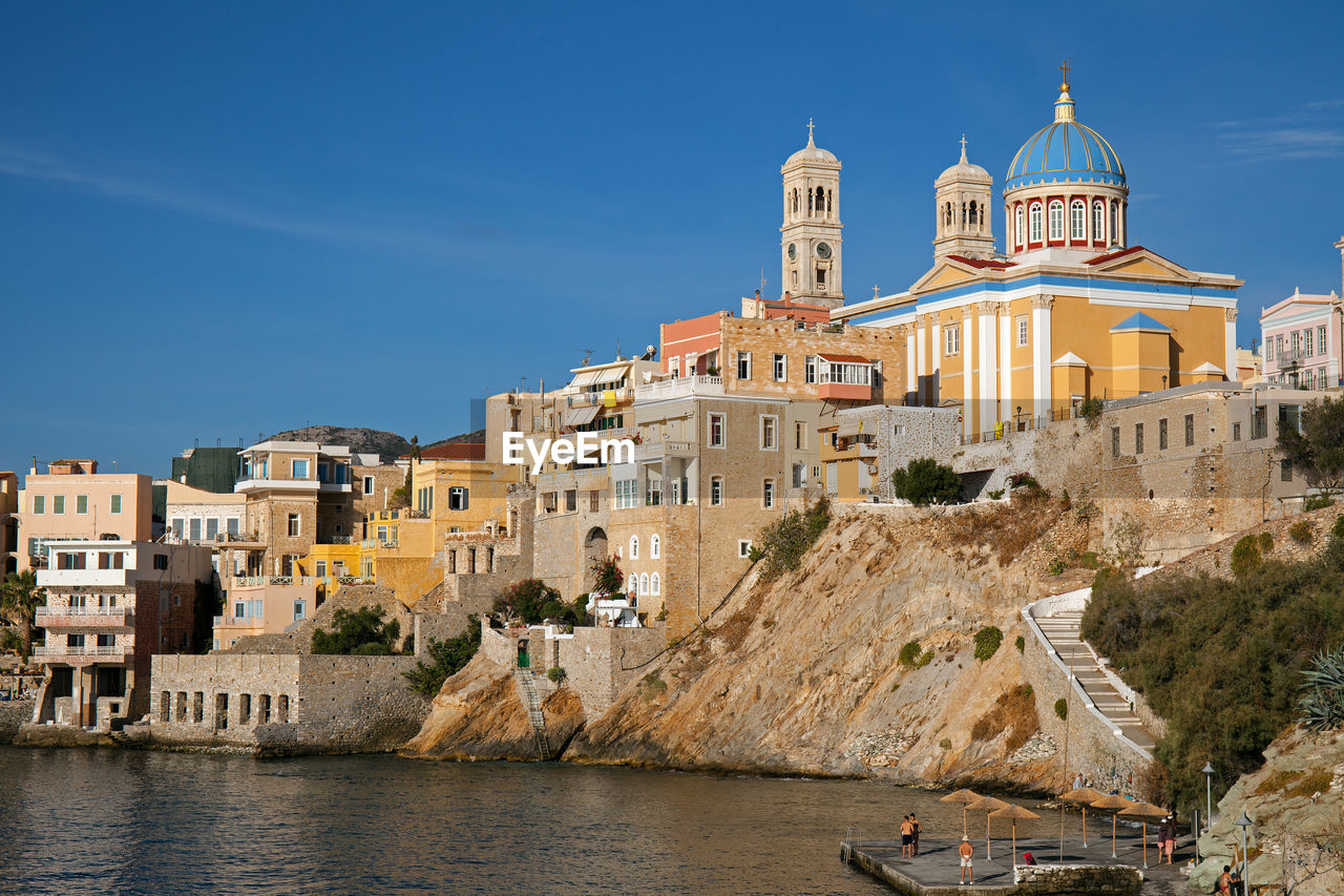 Asteria beach and agios nikolaos saint nicholas church in ermopoli, syros