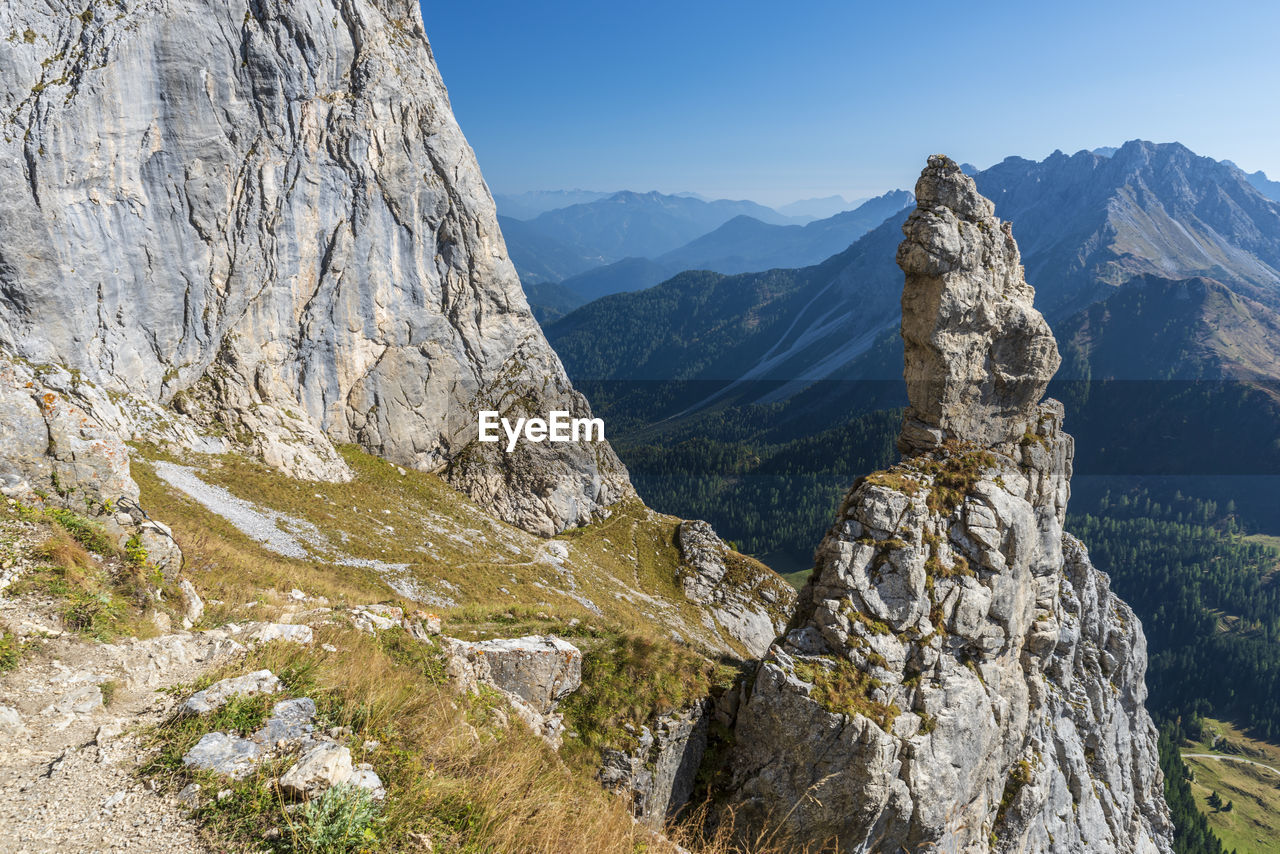 PANORAMIC VIEW OF MOUNTAIN RANGE AGAINST CLEAR SKY