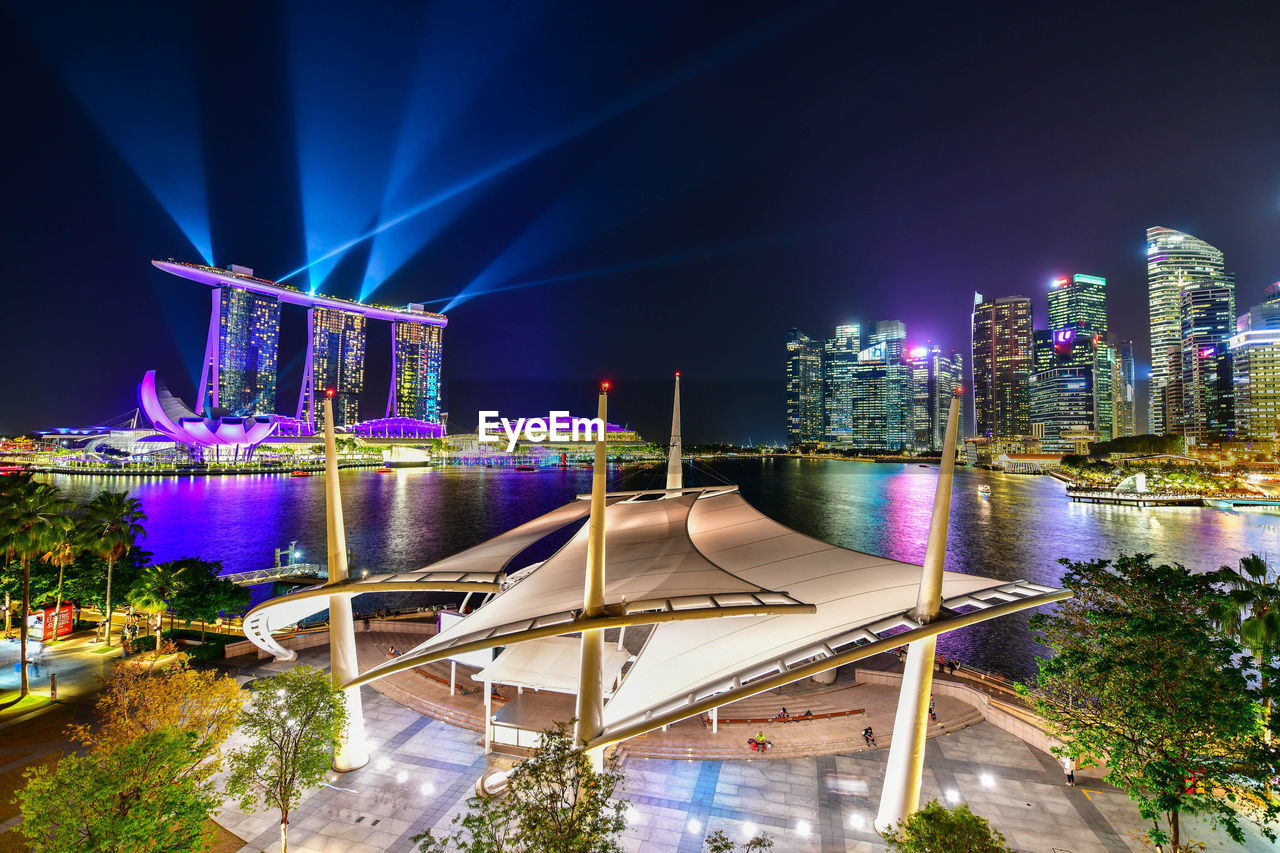 ILLUMINATED MODERN BUILDINGS BY RIVER AT NIGHT