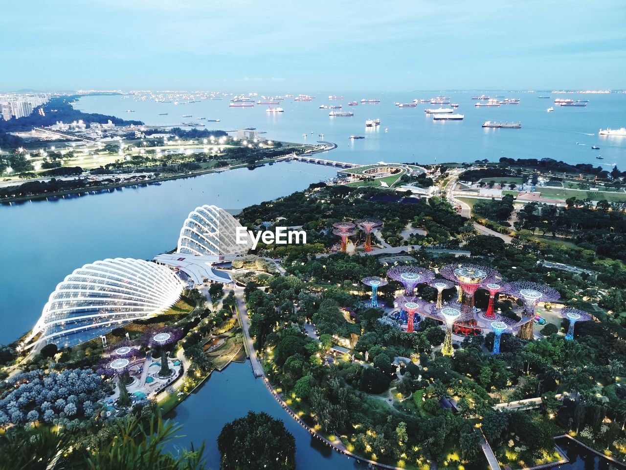 Singapore's gardens by the bay at dusk
