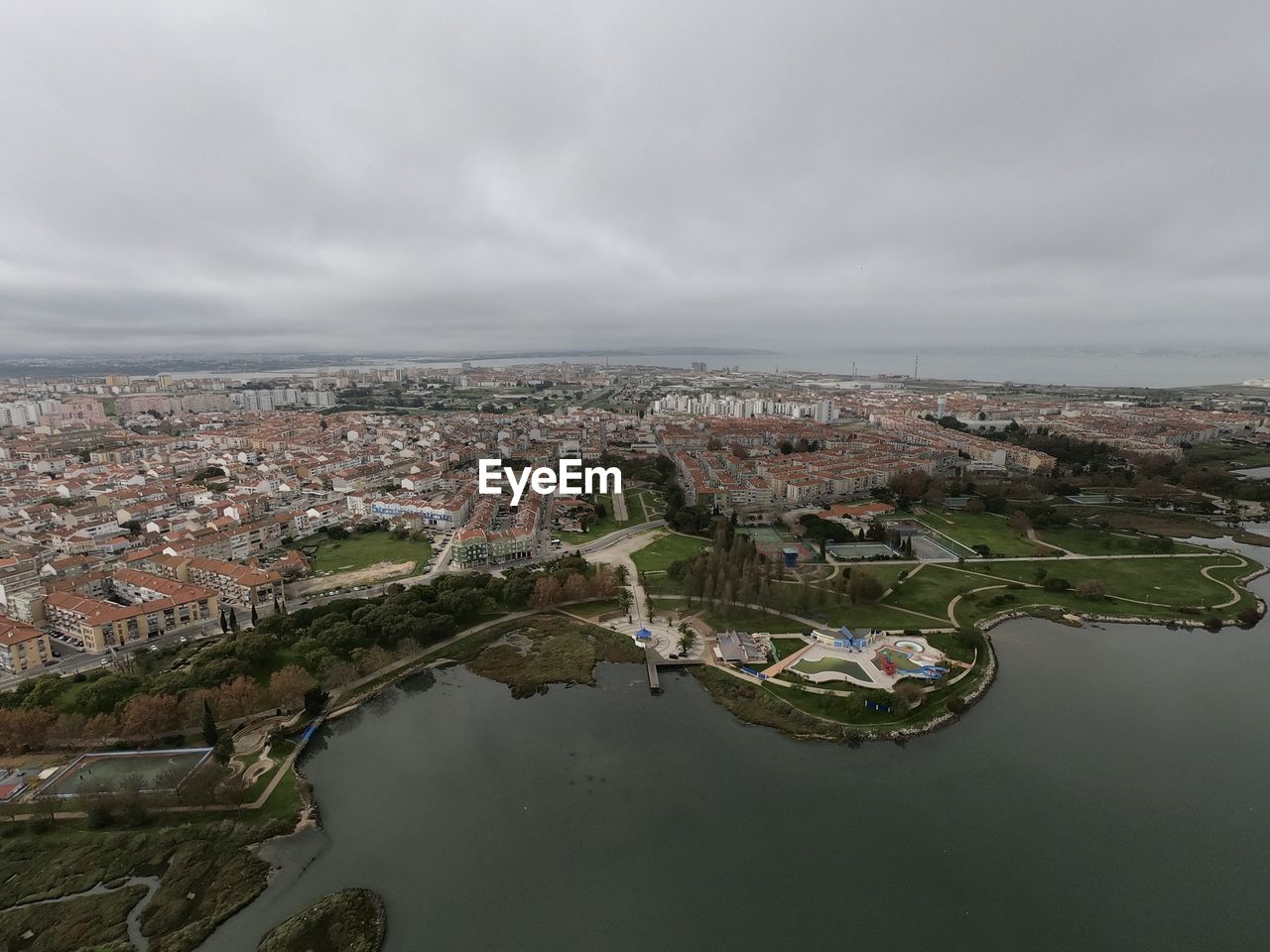 High angle view of city and buildings against sky