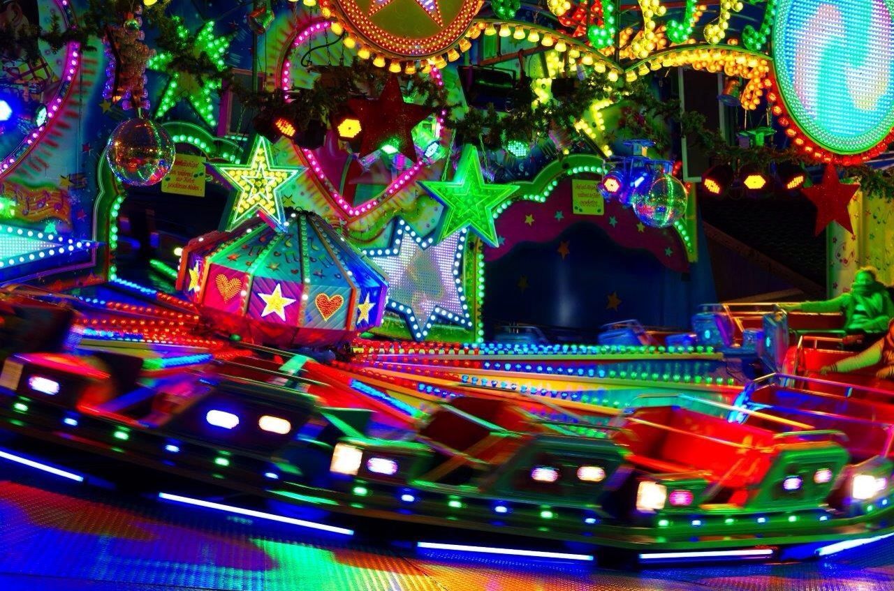 Close-up of colorful ride at amusement park