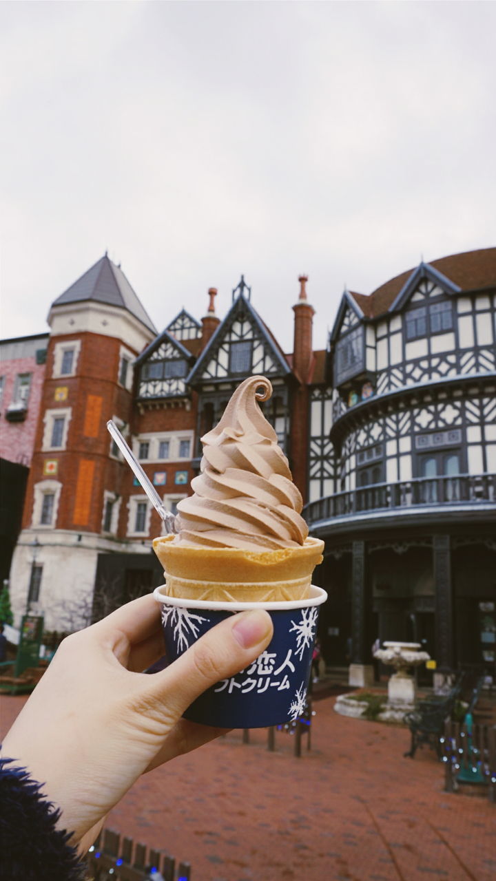 CLOSE-UP OF HAND HOLDING ICE CREAM AGAINST BUILDINGS