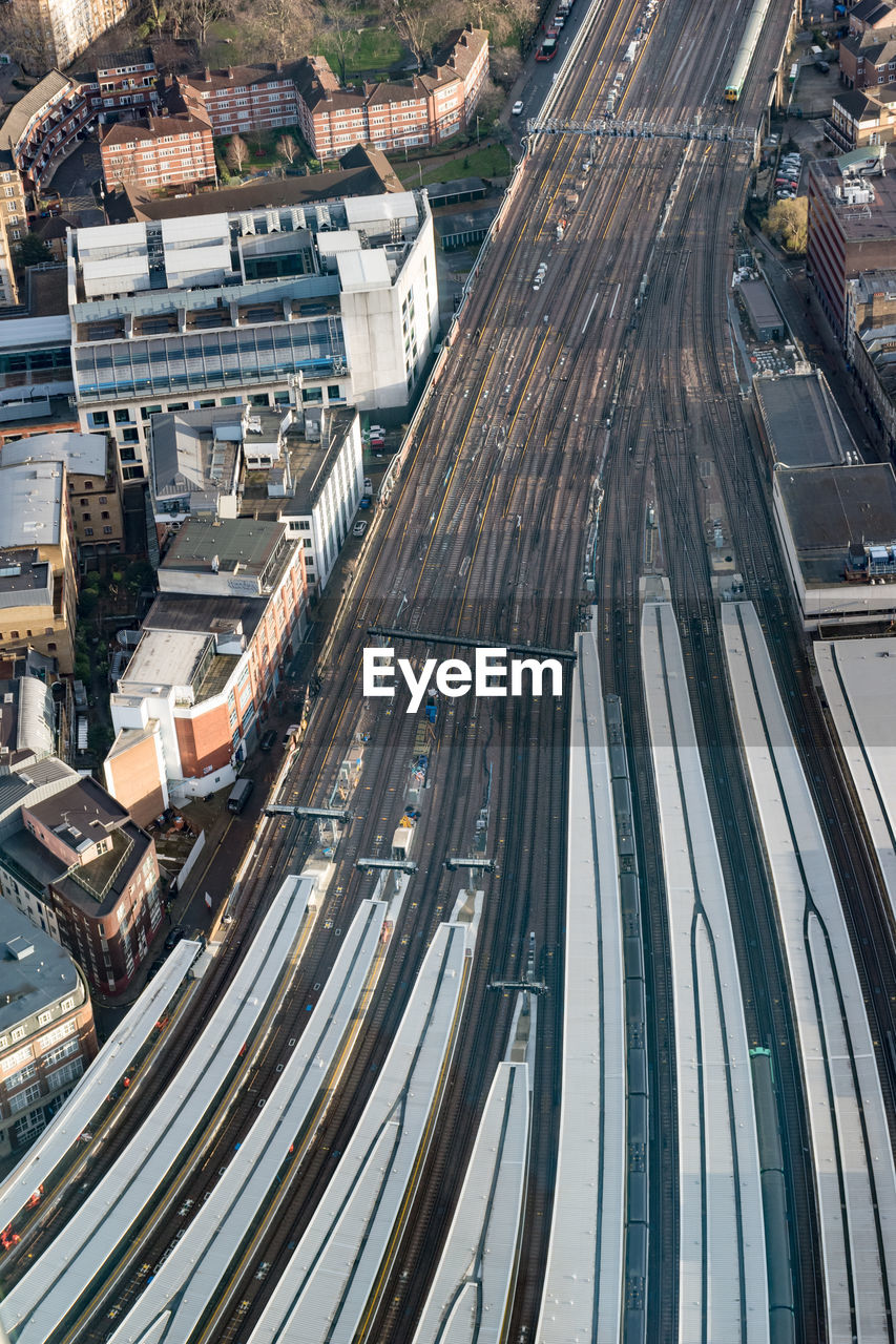 Aerial view of railroad tracks in city