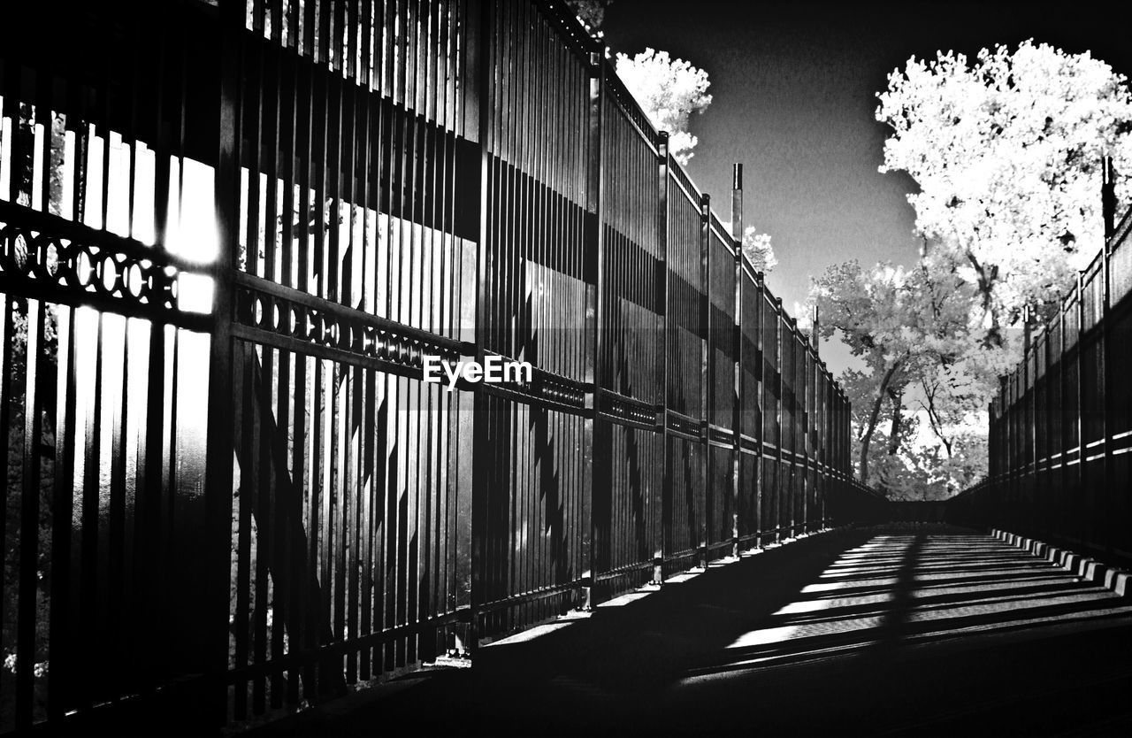 Sidewalk along fence against trees