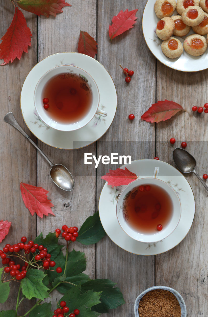 high angle view of coffee and drink on table