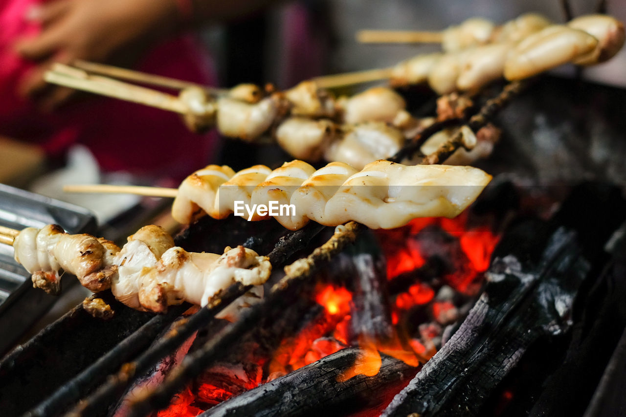 Close-up of meat on barbecue grill