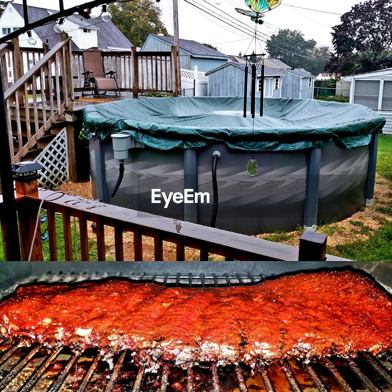 Food and pool outdoors