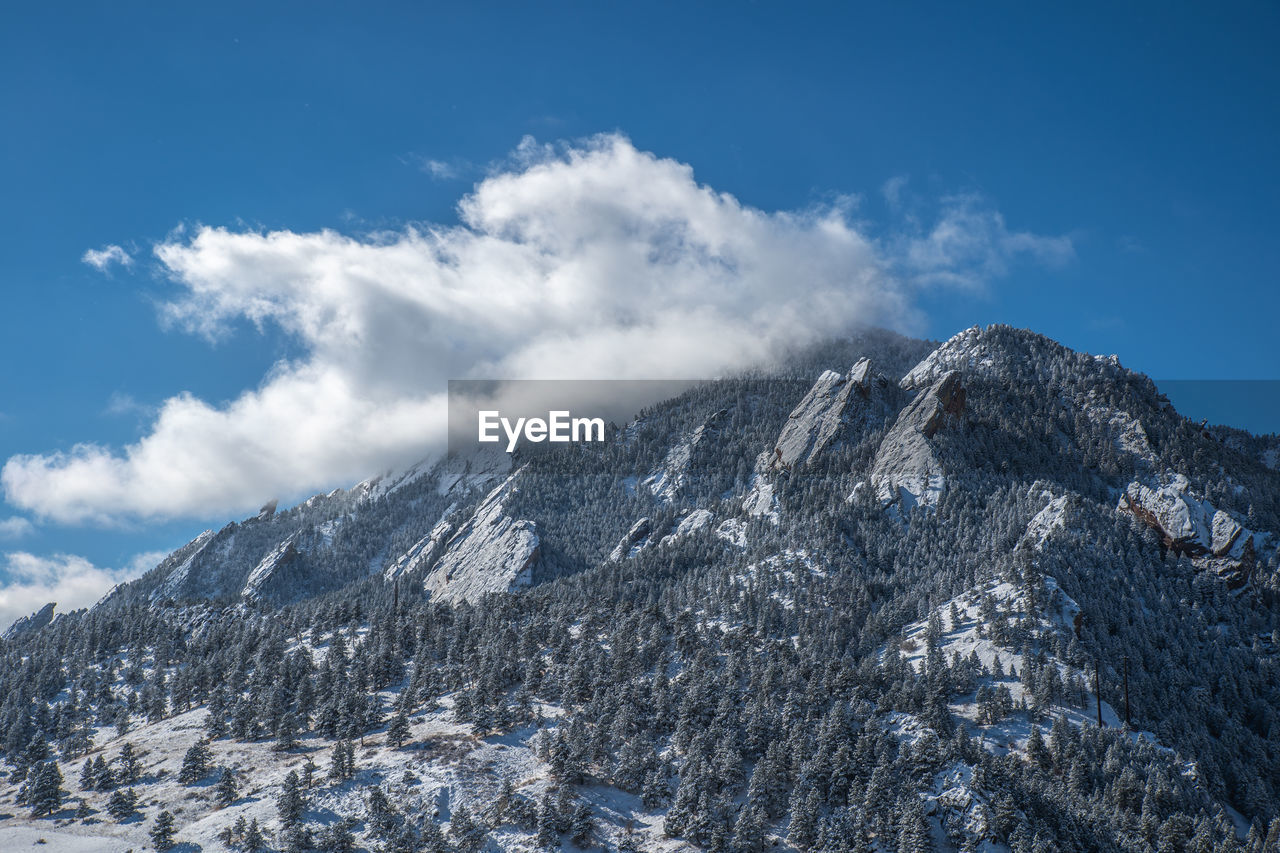 Low angle view of snowcapped mountain against sky