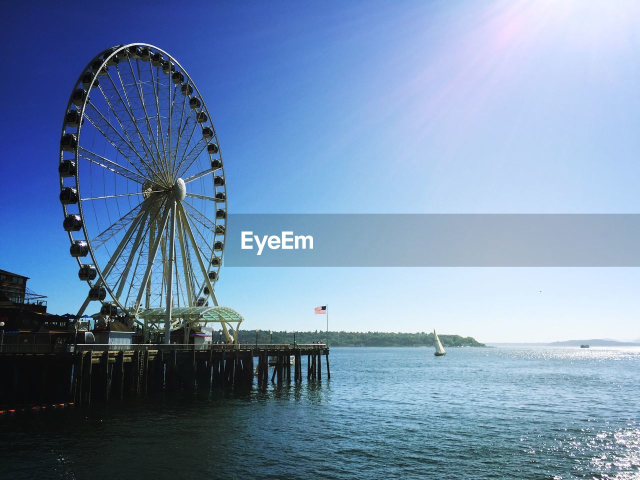 Seattle great wheel with american flag against clear sky