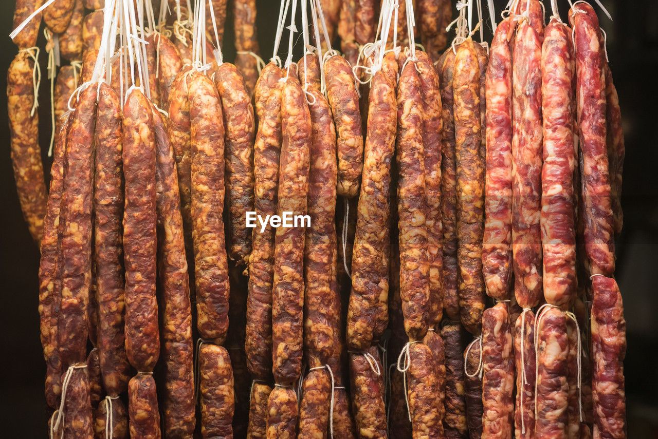 Sausages hanging in a market in china