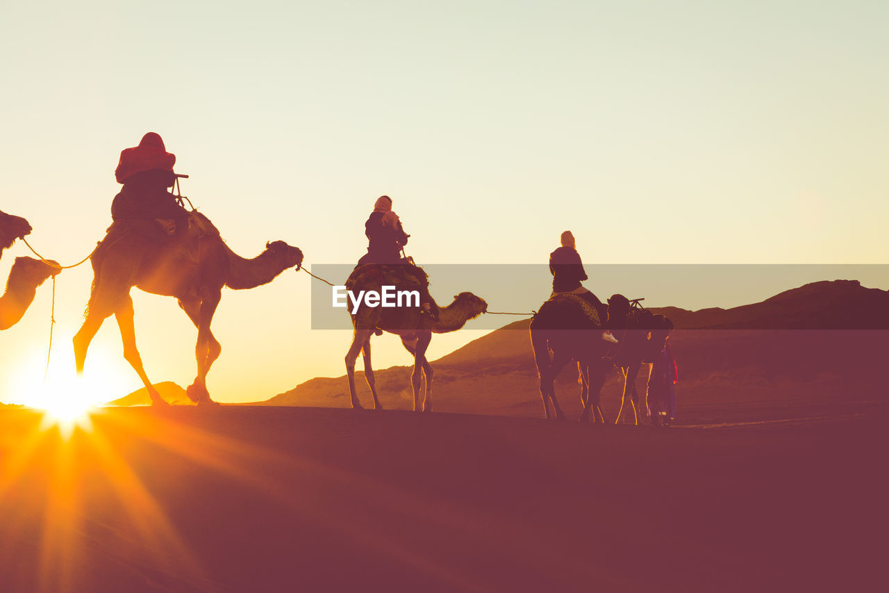 GROUP OF PEOPLE RIDING HORSES ON DESERT