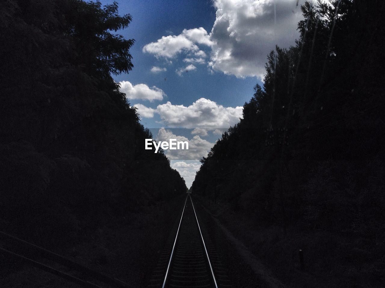 Railroad track amidst trees against cloudy sky