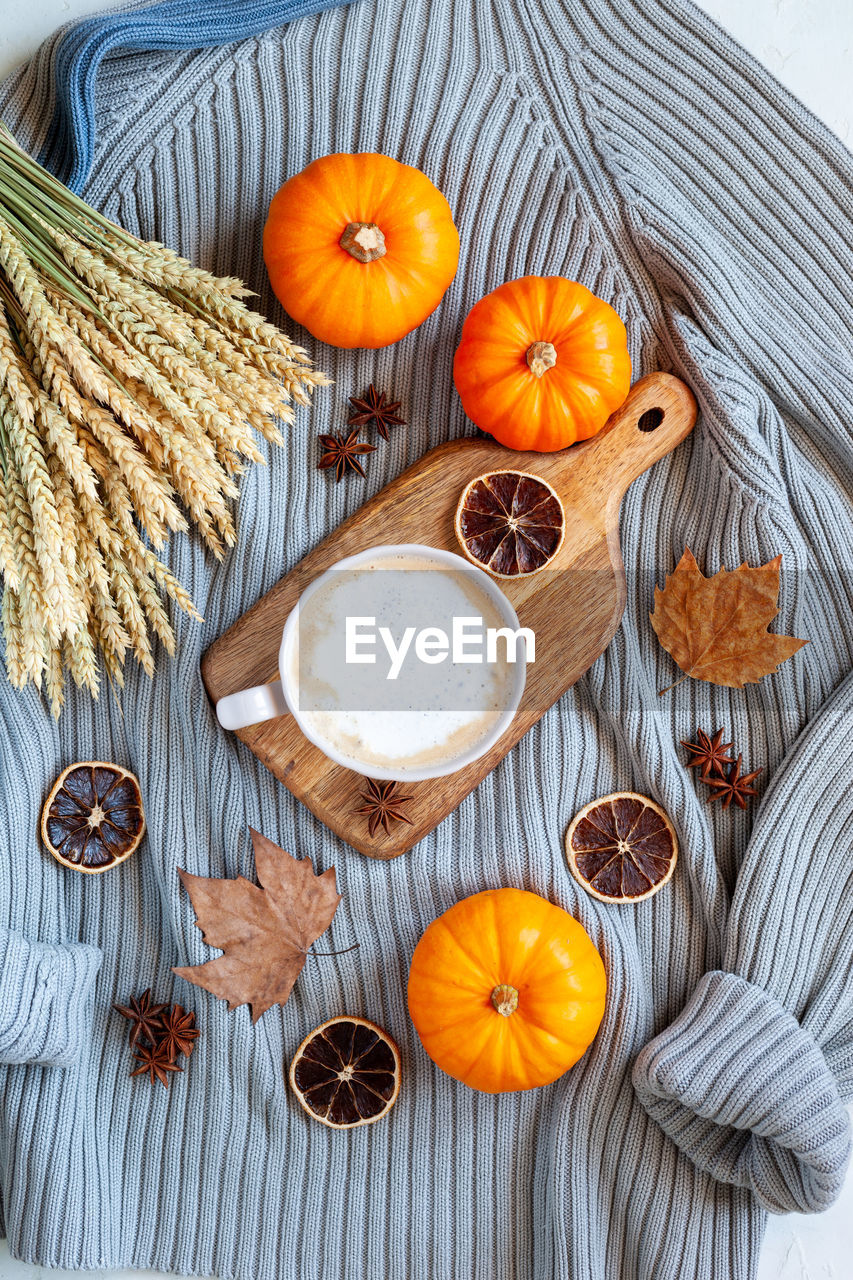 Autumn flatlay composition with warm sweater, hot drink and mini pumpkins