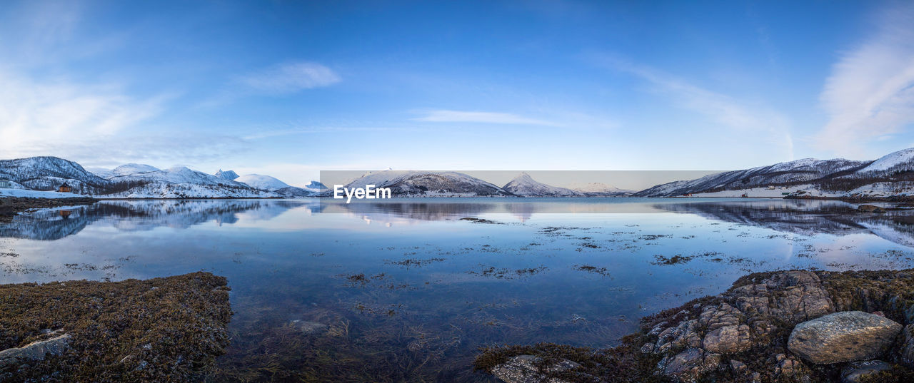 Calm lake against snow covered landscape