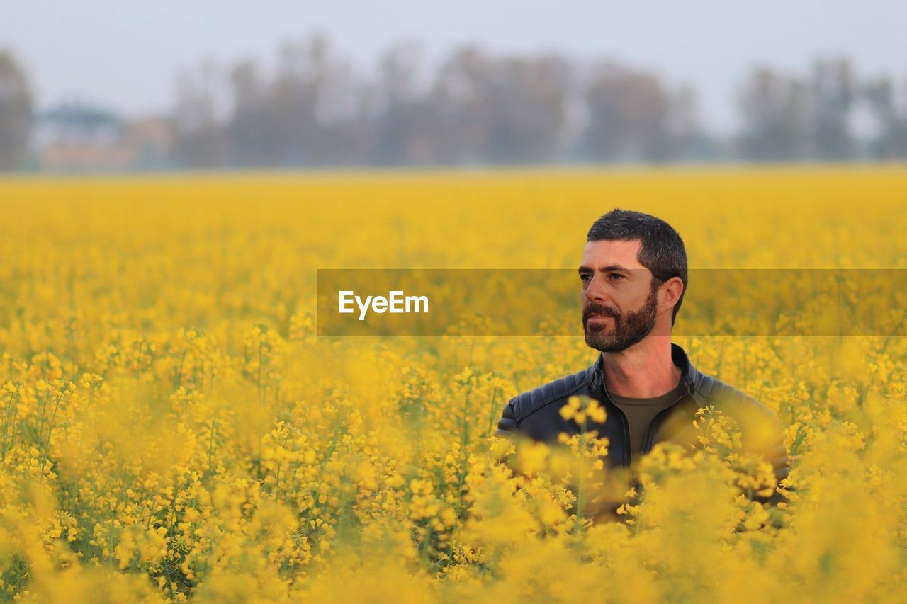 Smiling man standing amidst oilseed rape field