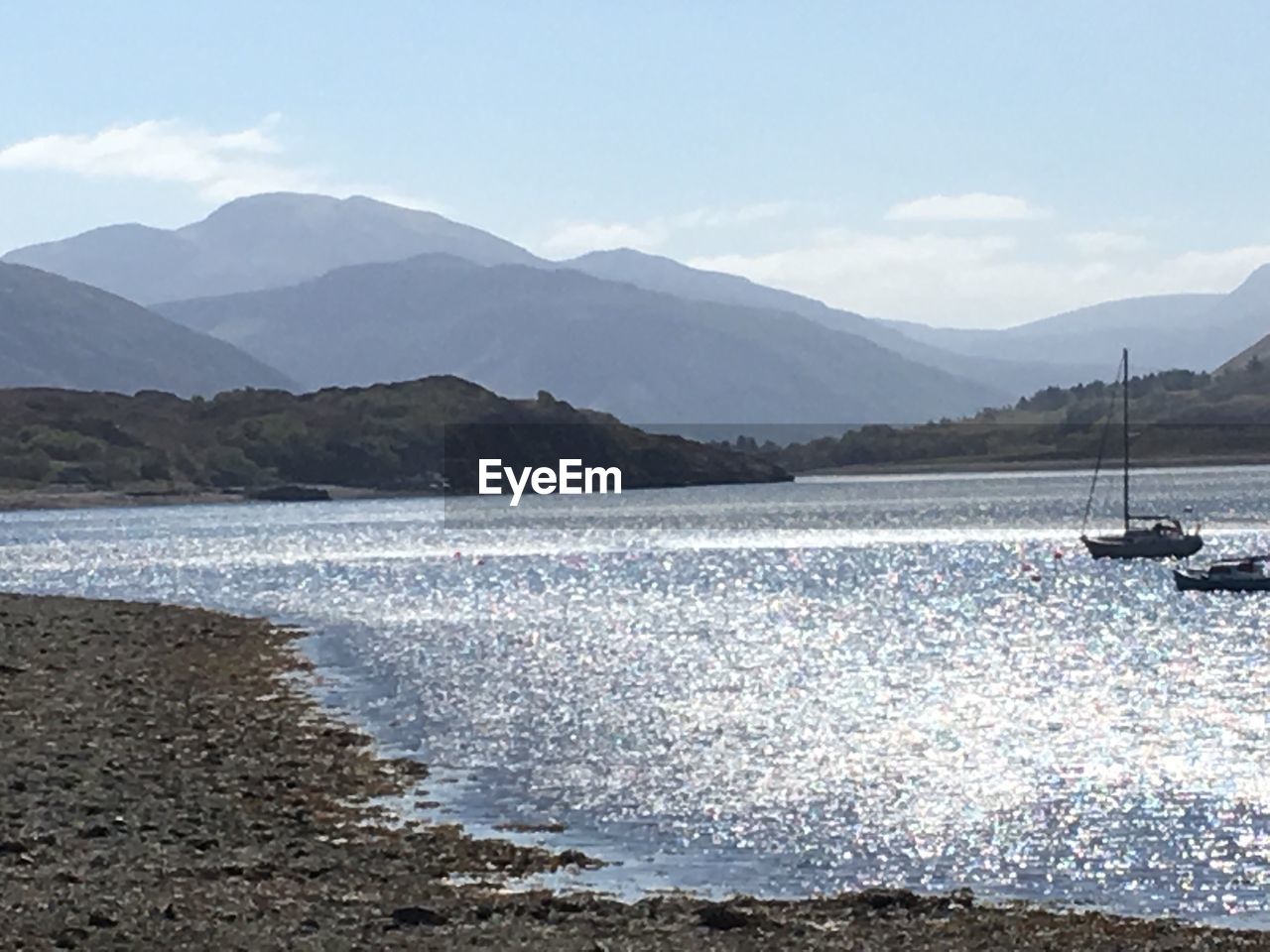 SCENIC VIEW OF SEA AGAINST MOUNTAINS