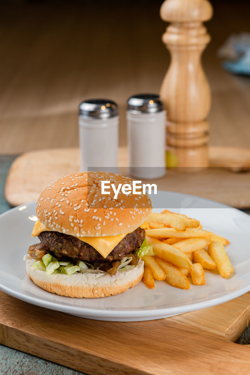 Cheese burger and french fries on white disk with wooden background