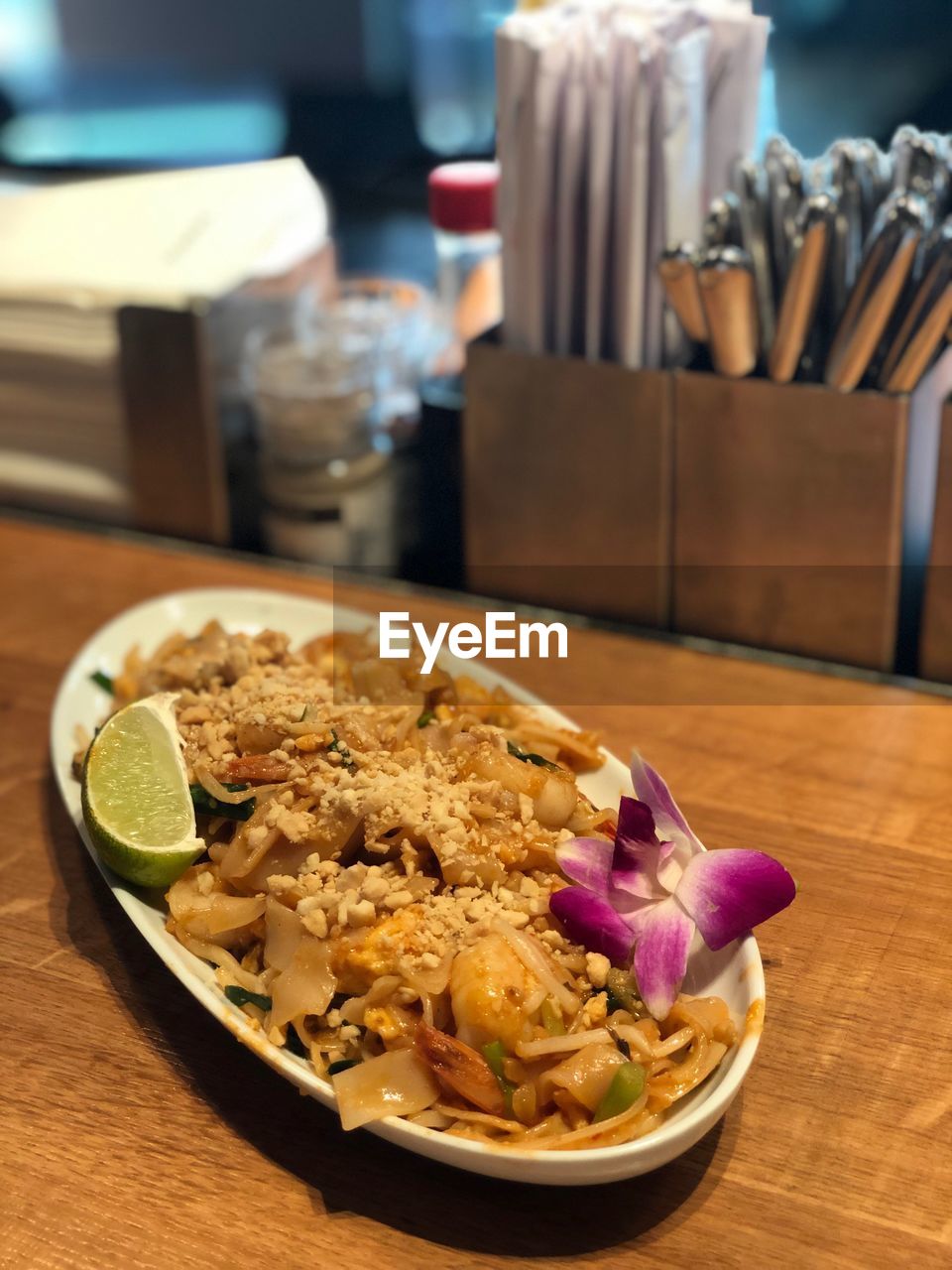 Close-up of meal served in plate pad thai  thai food