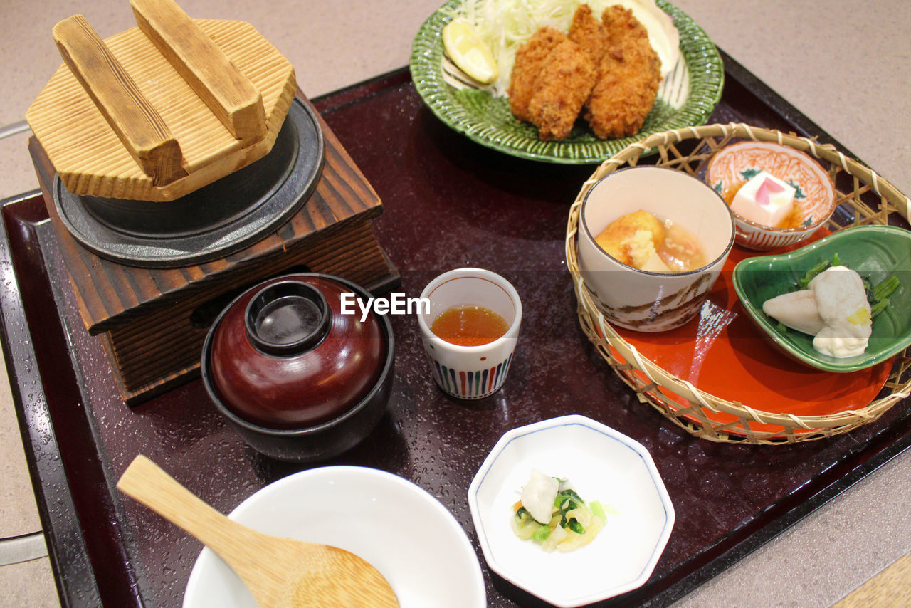 High angle view of food served on table