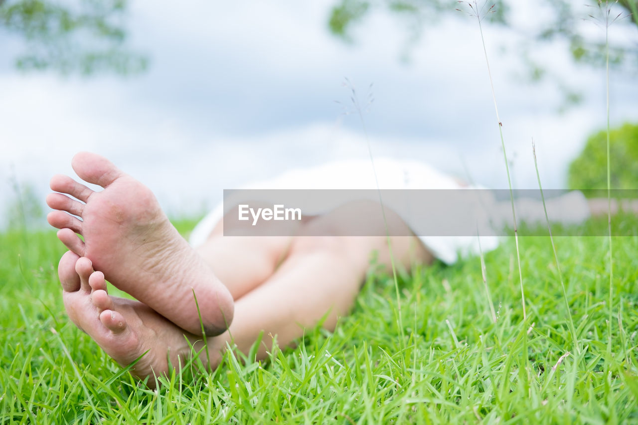 Low section of woman lying on grassy field