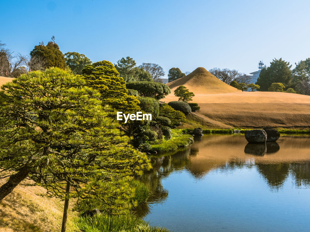 Scenic view of lake against clear sky