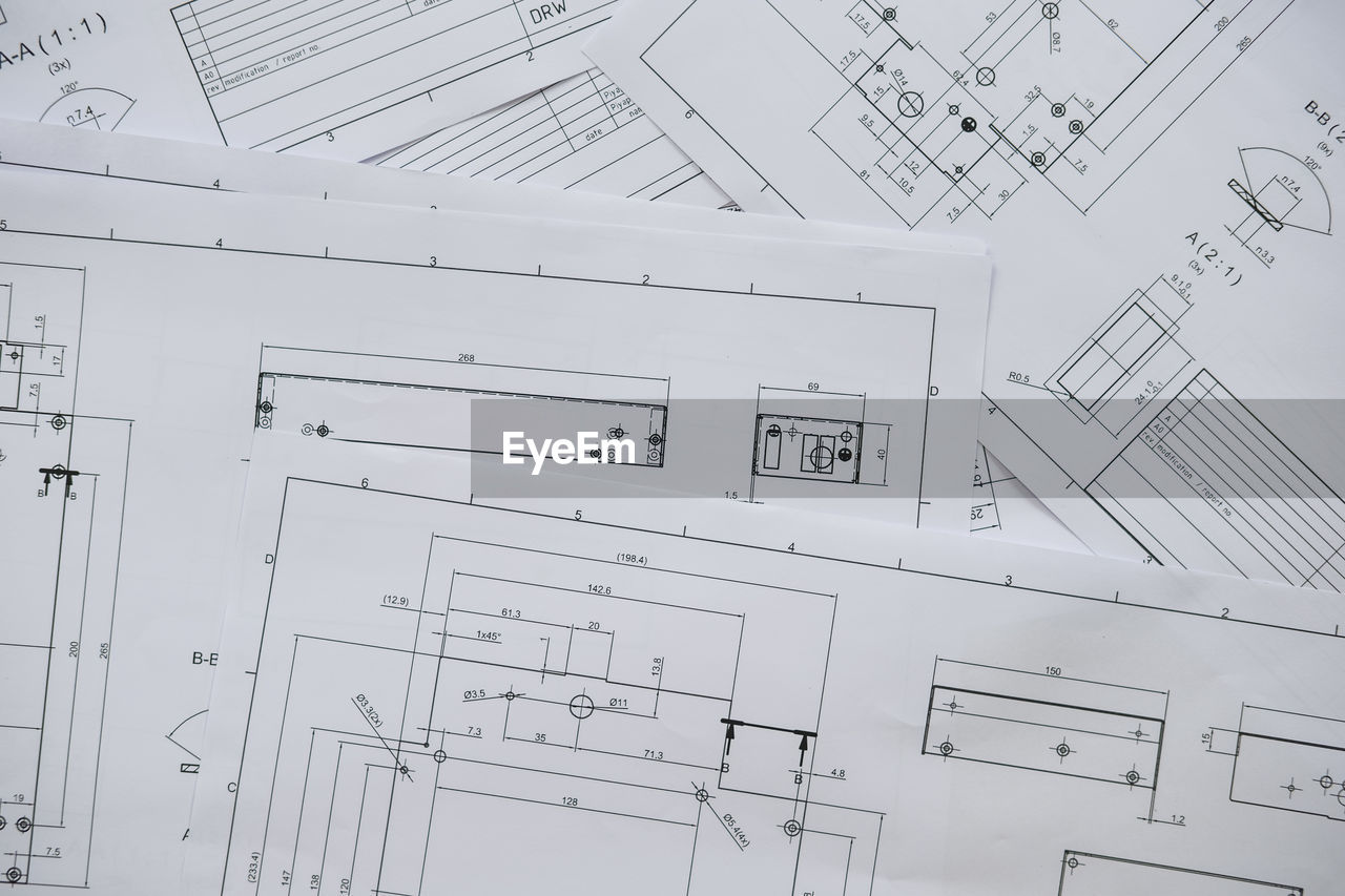 High angle view of blueprints