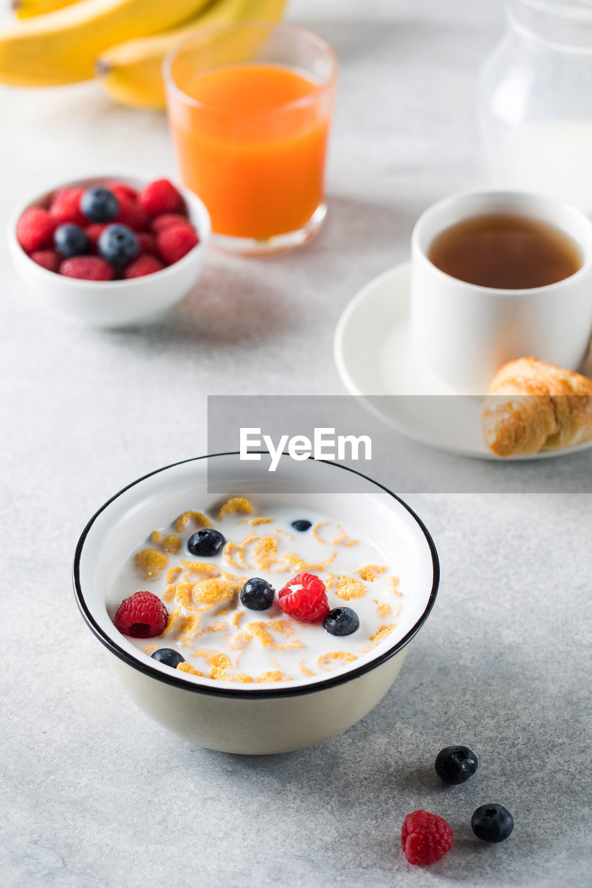 High angle view of breakfast served on table