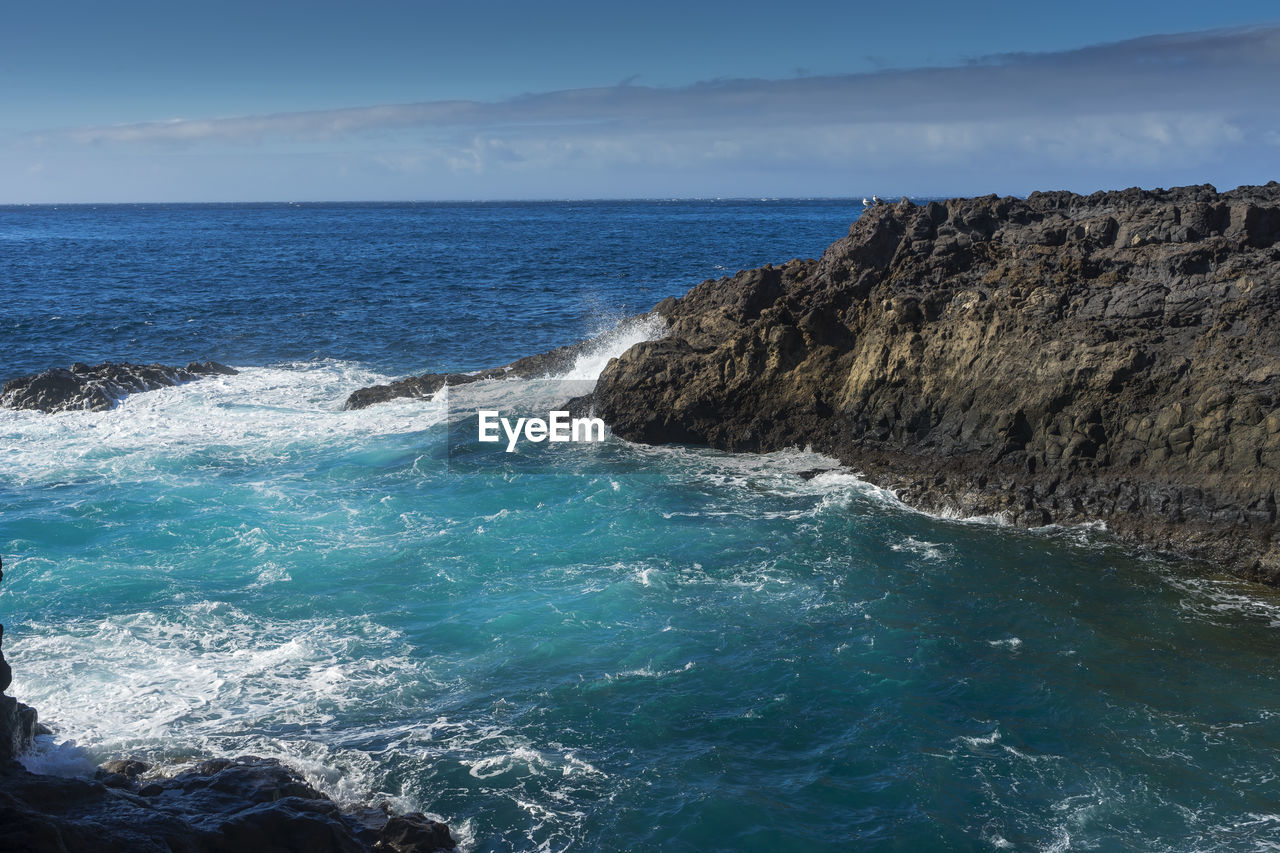 Scenic view of sea waves splashing on rocks against sky