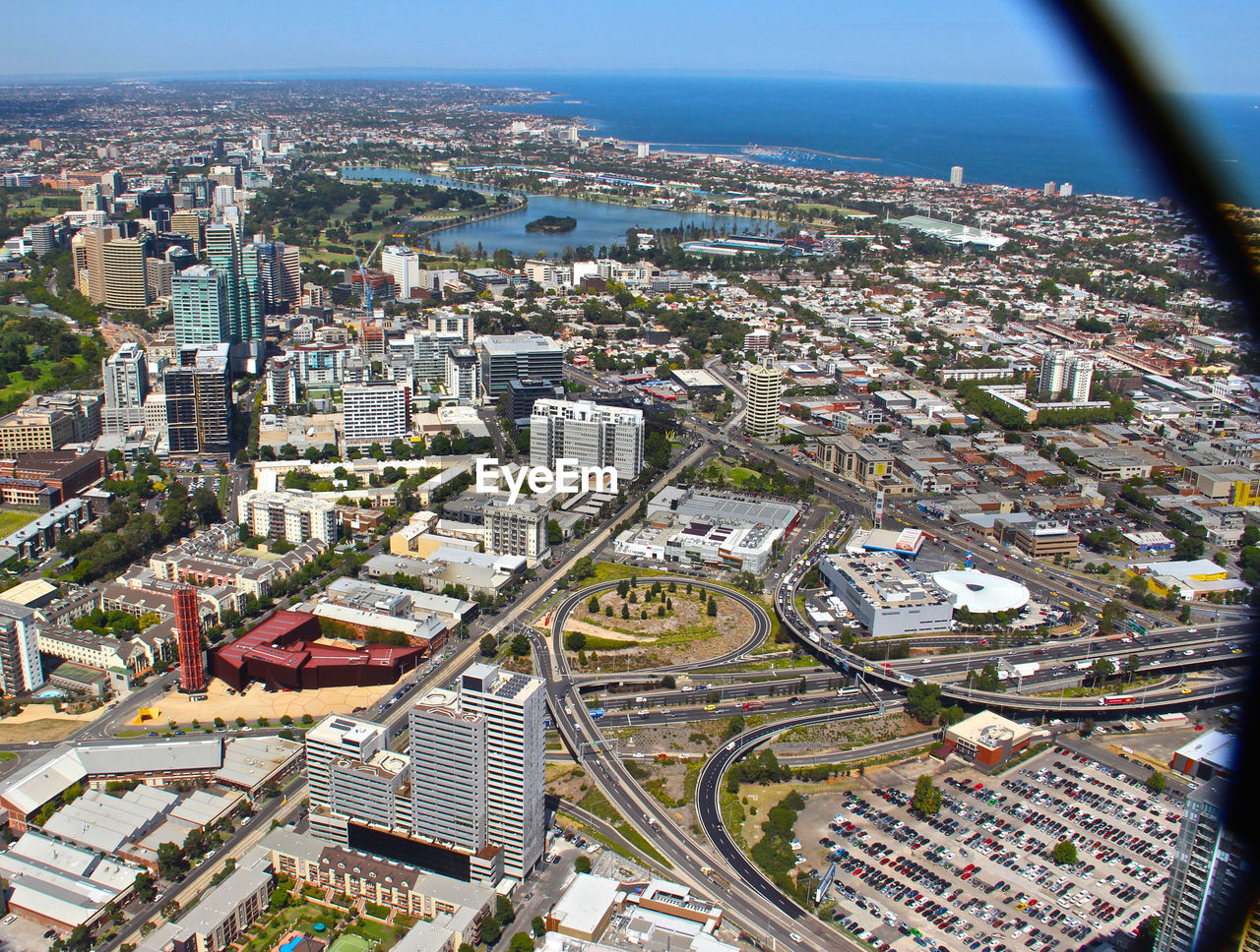 High angle view of buildings in city