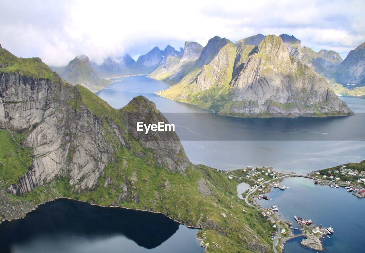 Scenic view of sea and mountains against sky in  norwegian lofoten