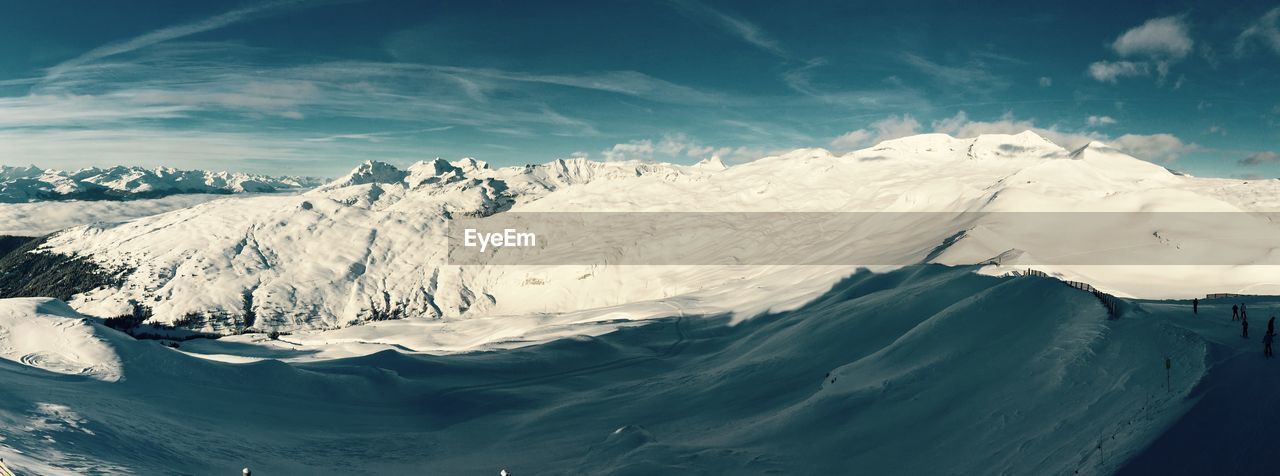 Panoramic view of snowcapped mountains against sky