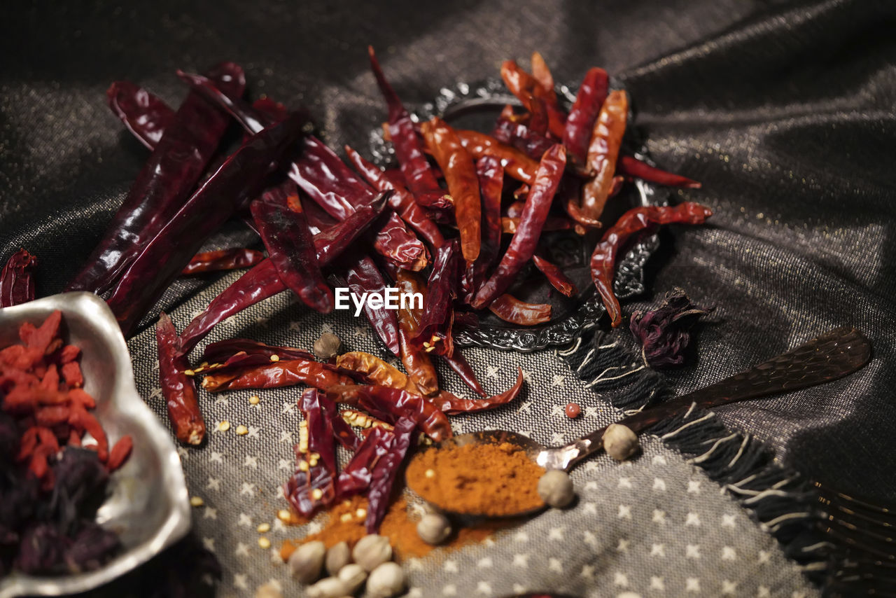 High angle view of red chili peppers in plate on table