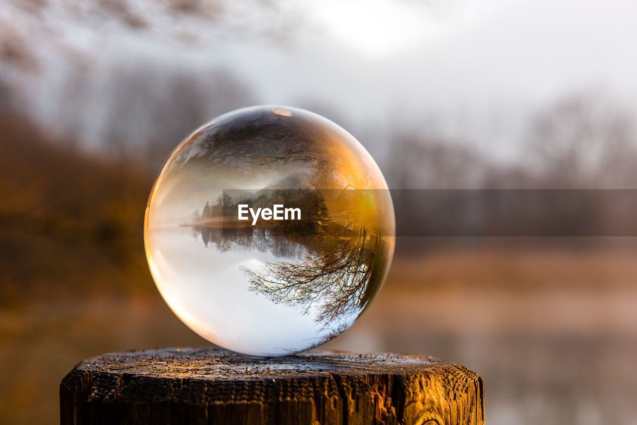 CLOSE-UP OF CRYSTAL BALL WITH REFLECTION OF TREES IN WATER