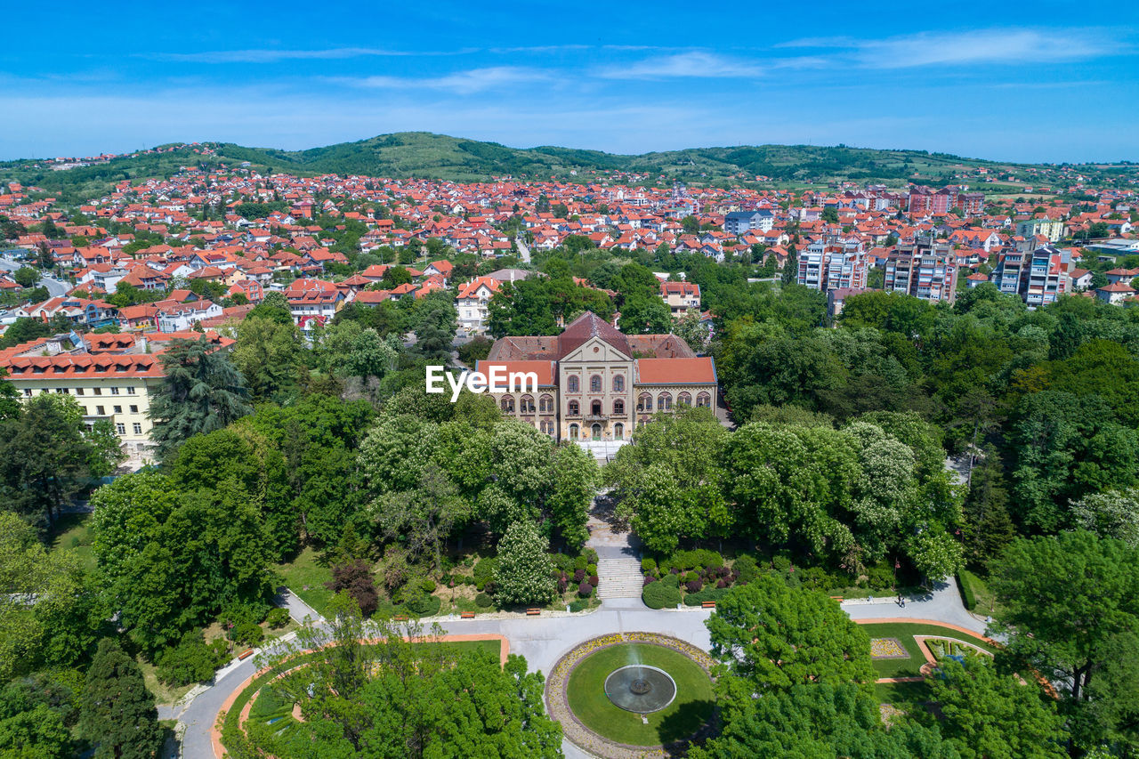 Aerial view of arandjelovac, park and castle in city in sumadija, central serbia