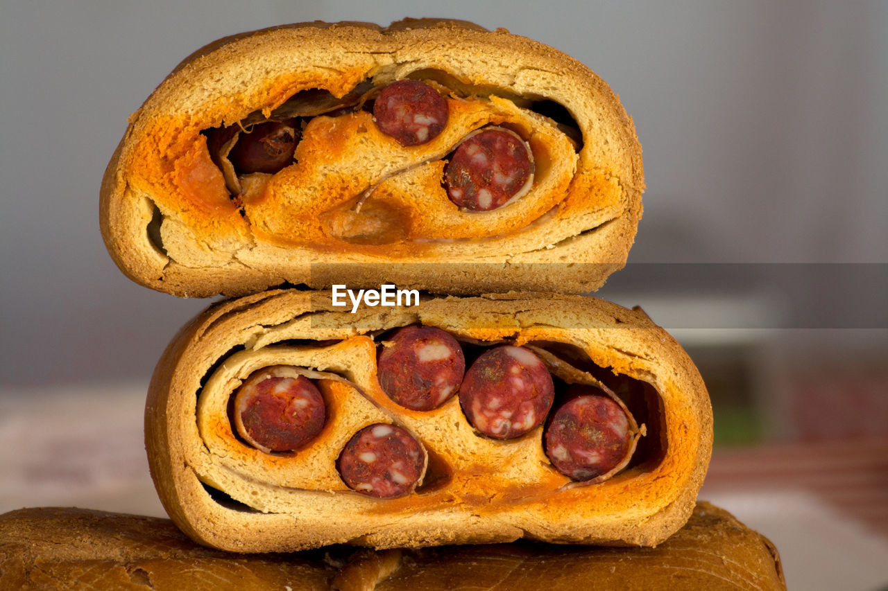Close-up of chorizo bread rolls