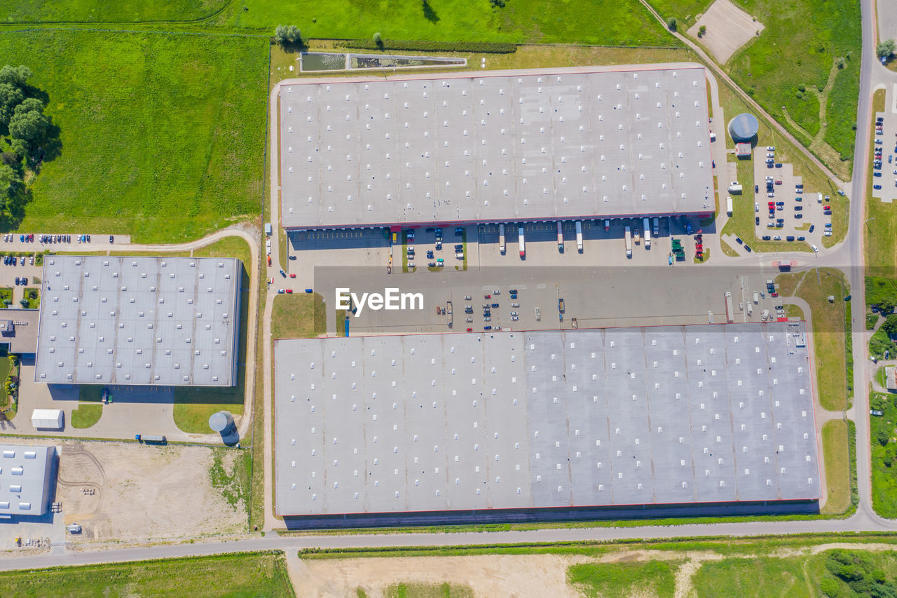 Aerial view of goods warehouse. logistics center in industrial city zone from above. aerial view 