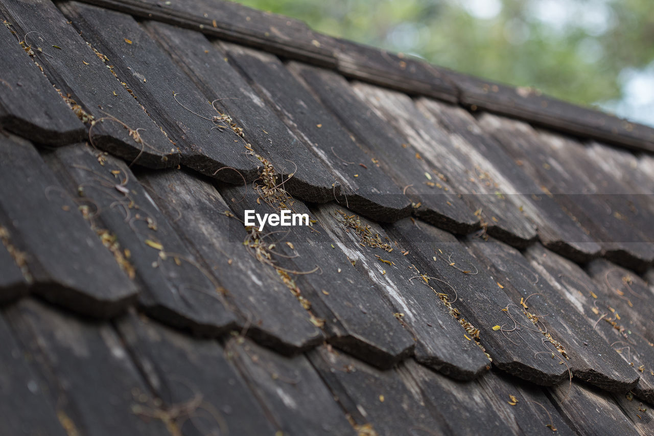 LOW ANGLE VIEW OF WEATHERED ROOF