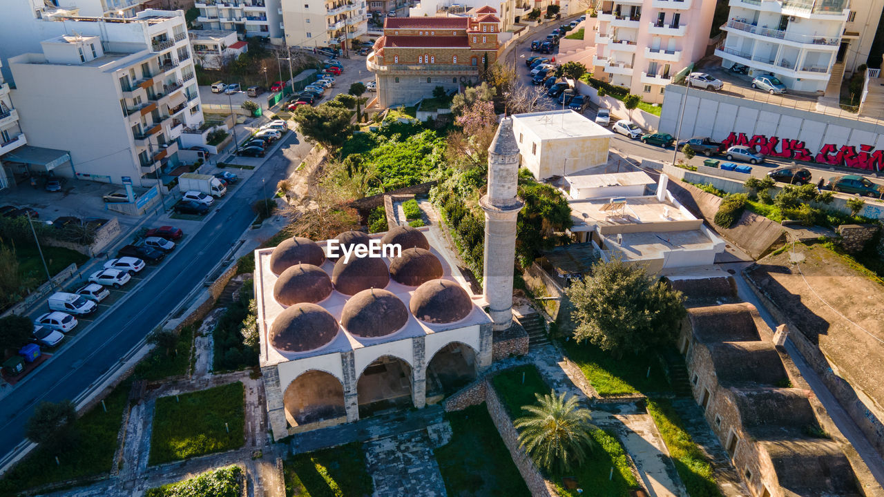 High angle view of buildings in city