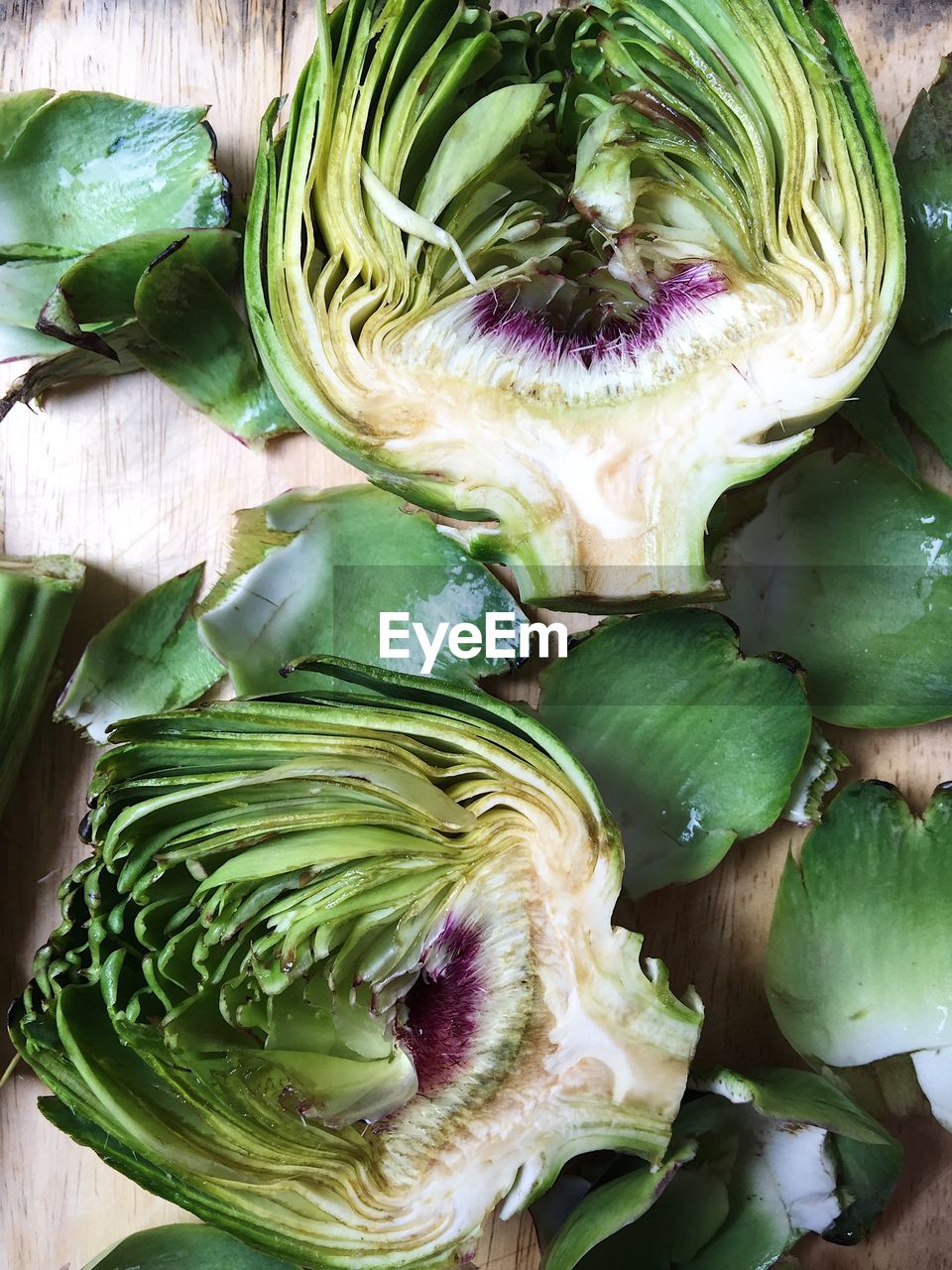 High angle view of artichoke on table