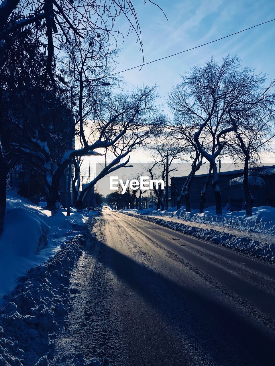 Snow covered road by bare trees against sky