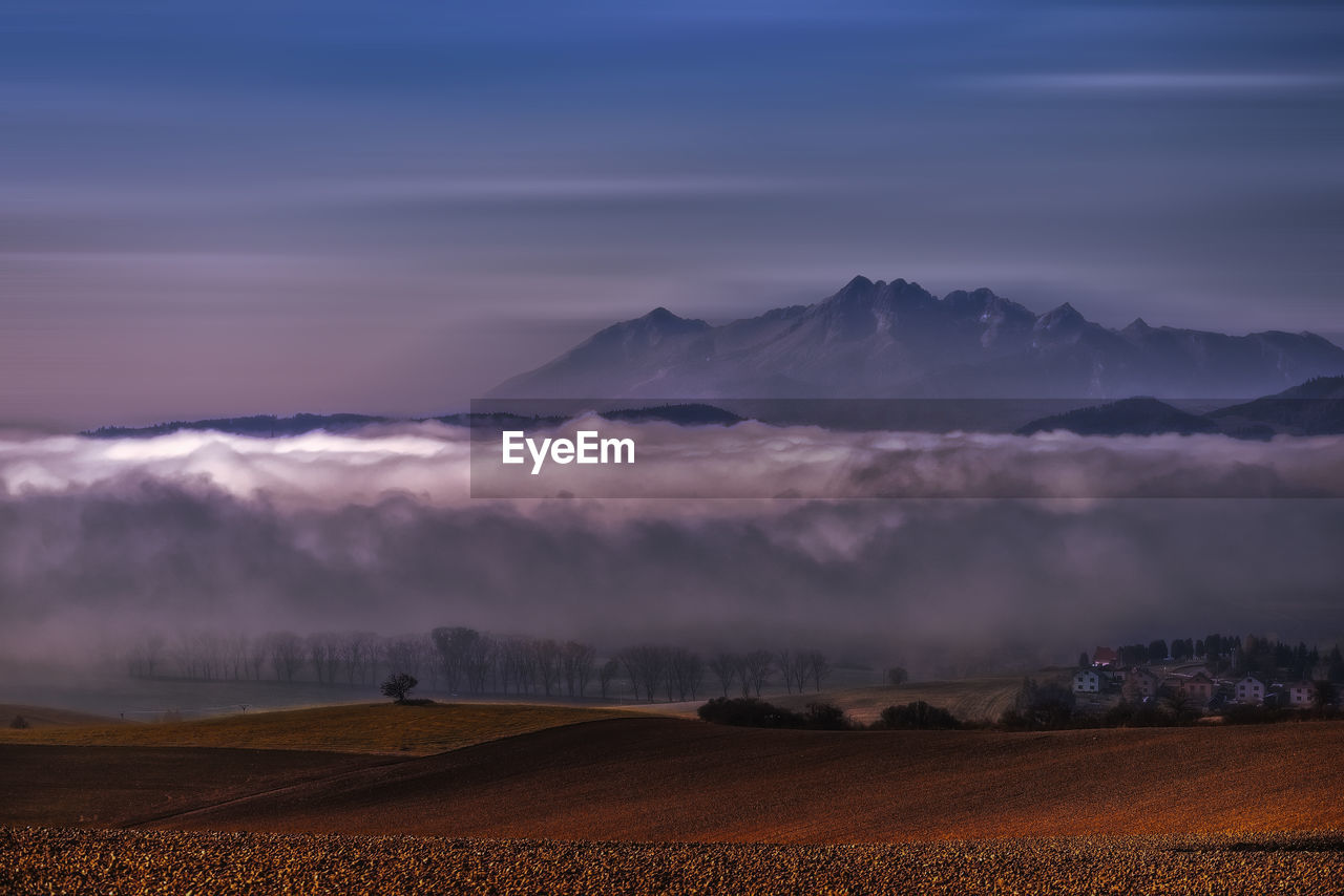 Scenic view of field against sky during foggy weather