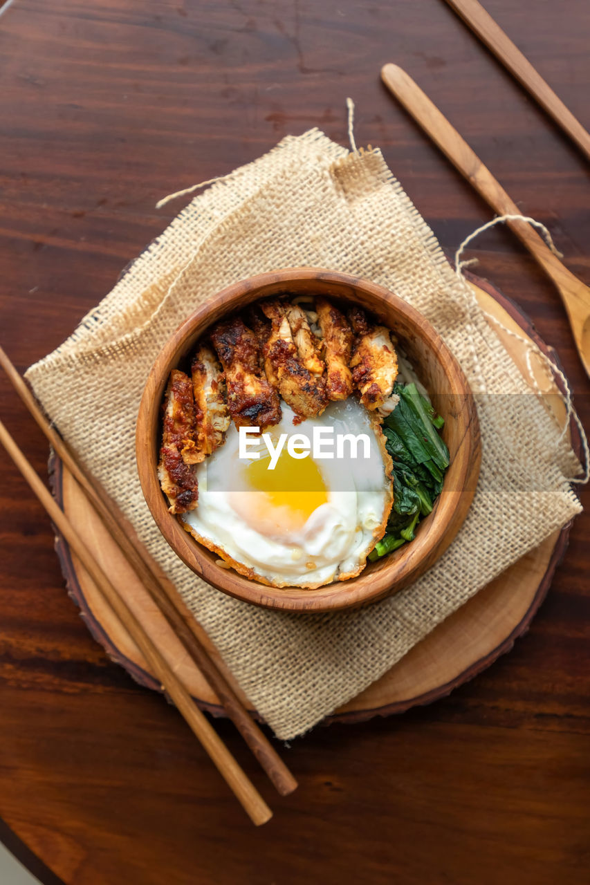 High angle view of breakfast served on table