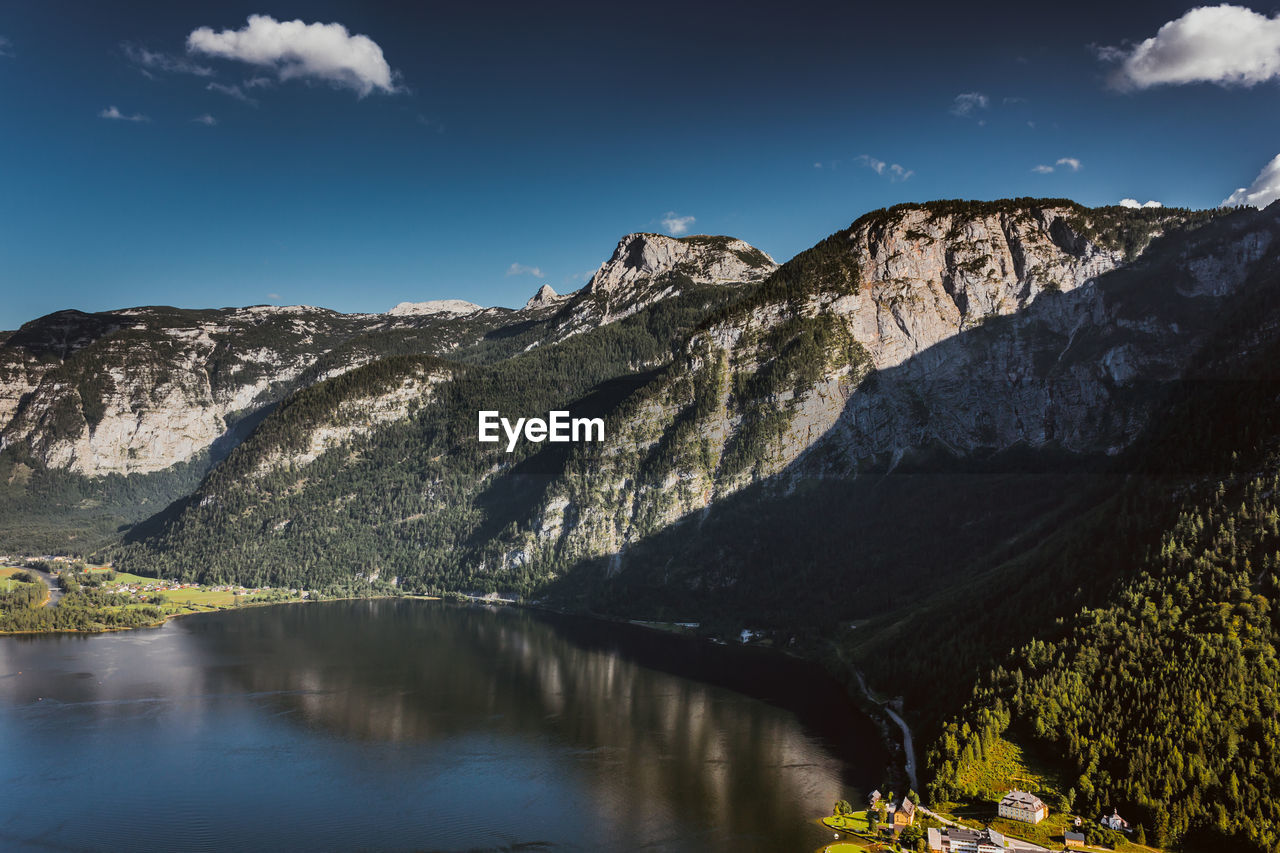 Scenic view of lake and mountains against sky