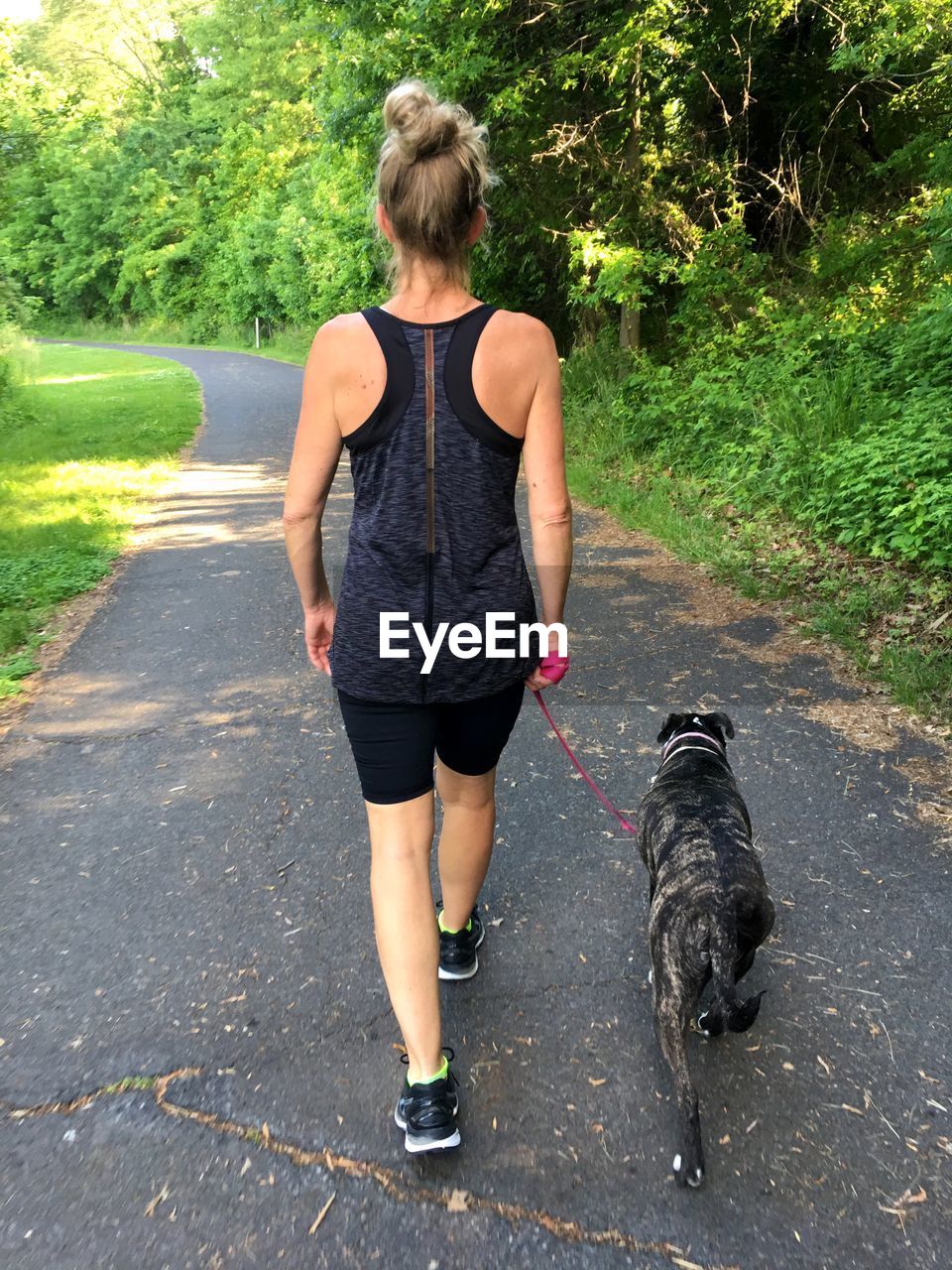 Rear view of woman with dog walking by plants