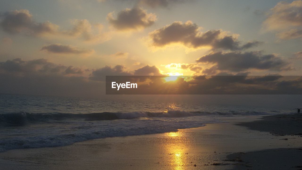 SCENIC VIEW OF BEACH AT SUNSET