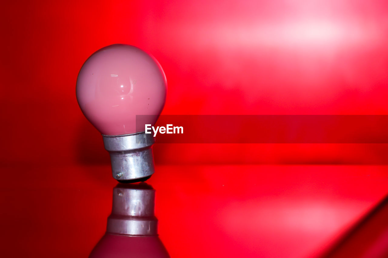 Close-up of pink light bulb on glass against red background